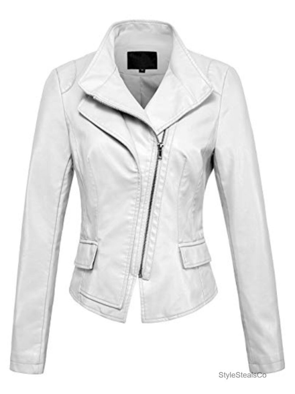 Oblique Zip Slim Faux Leather Biker Jacket Long Sleeve Stand Collar